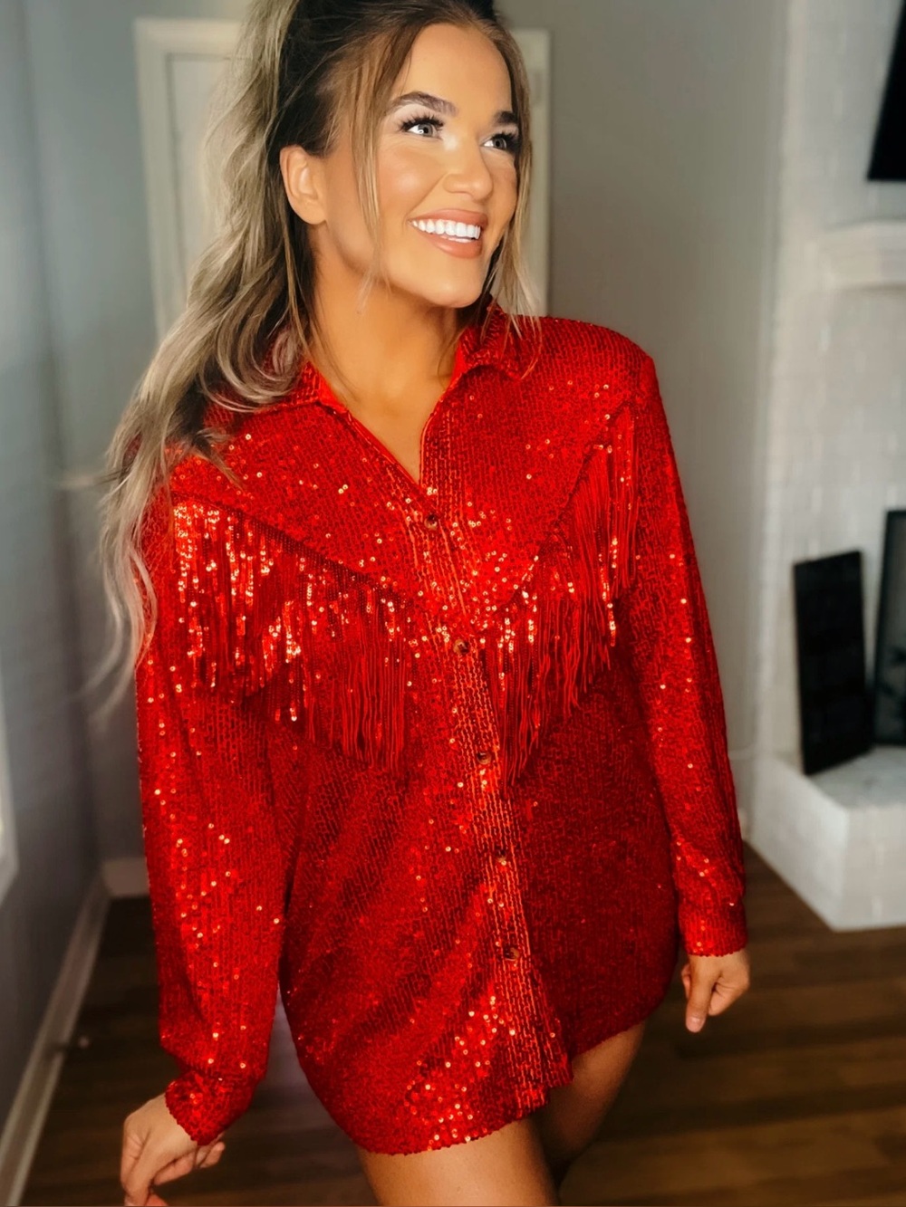 Blueb Collection Red Sequin Fringe Button-Up Shirt Top Size S